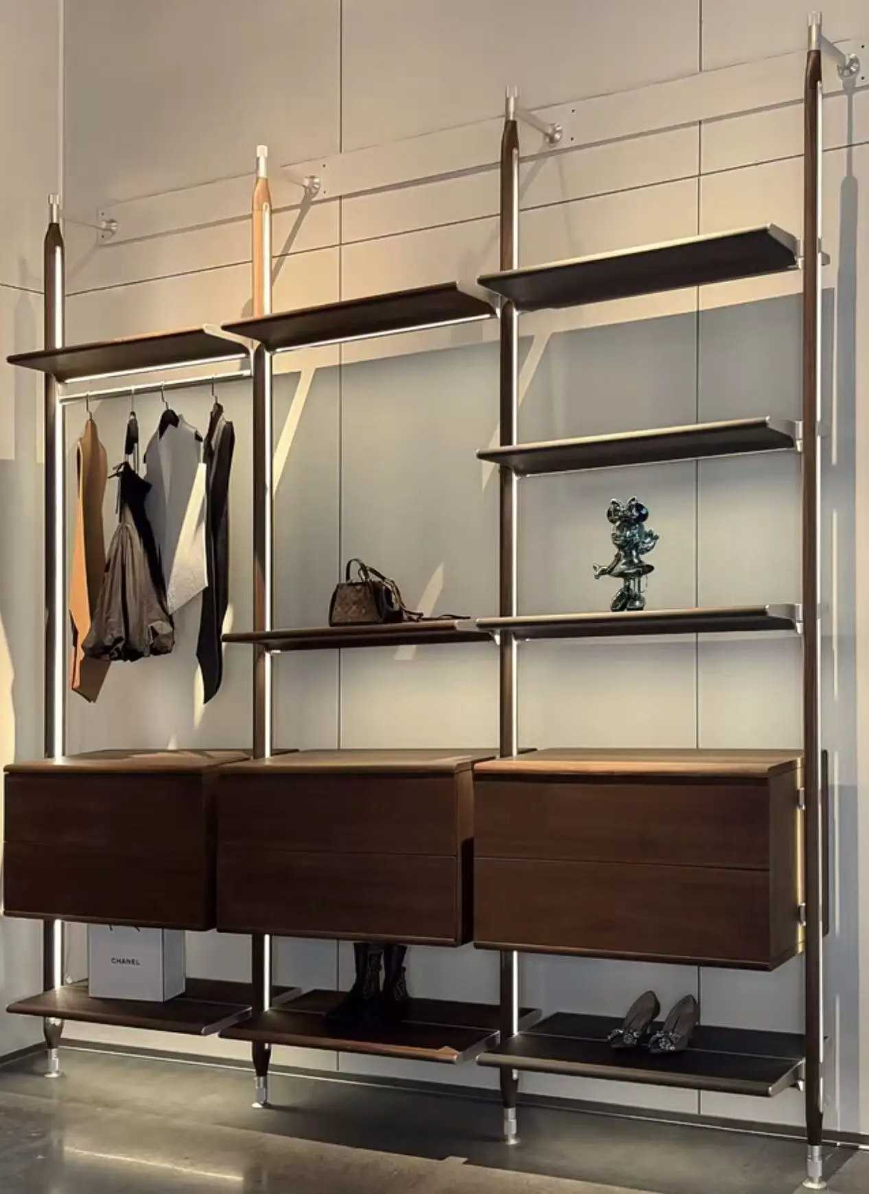 Open Wardrobe Aluminum Frame Walk-in Closet Custom Modern Minimalist Bedroom Cloakroom Storage Cabinet With Drawers & LED Light