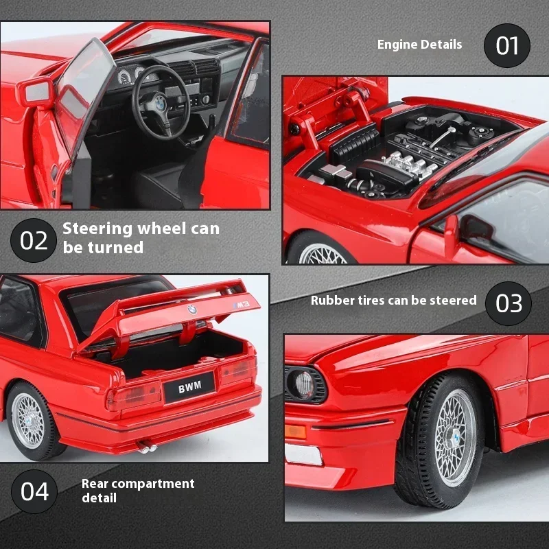 1:24 1988 M3 E30 Alloy Sports Car Model Diecasts Metal Classic Car Model High Simulation Sound and Light Childrens Toys Gift