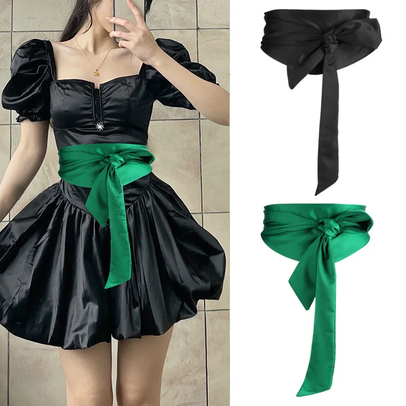 

Black Bowknot Belt Lace Up Tied Knot Wide Belts Dress Belts Cinch Waistband Elegant Dress Coat Girdle For Women