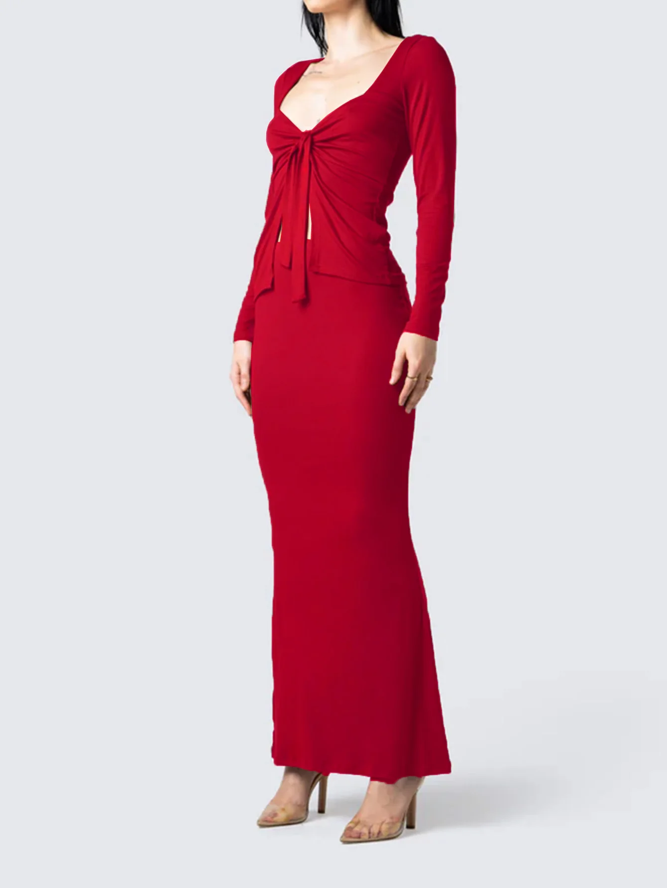 بلوزة نسائية بأكمام طويلة وربطة عنق على شكل حرف V، مجموعة تنورة ضيقة على شكل ذيل السمكة، لون نقي مكون من قطعتين، طراز Y2K مثير، عيد الميلاد، ملابس خارجية #4