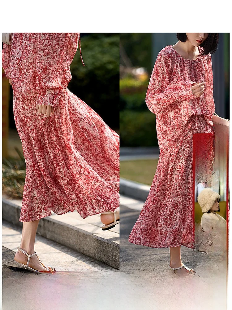 

Весенняя новинка: комплект из шелкового топа и юбки с принтом, модный ансамбль Xhange из натурального шелка с длинными рукавами для женщин