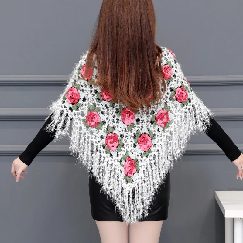 Women\'s Crochet Flower Sweater, Knitted Cloak, Short Tassels, Pullovers, Female Craps