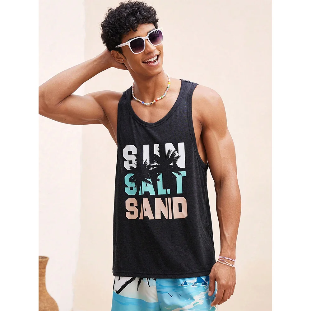 Summer Fresh And Simple Letter Men\'s Printed Men\'s Round Neck Vest Harajuku Street Fashion Daily Sports Fitness Breathable Vest