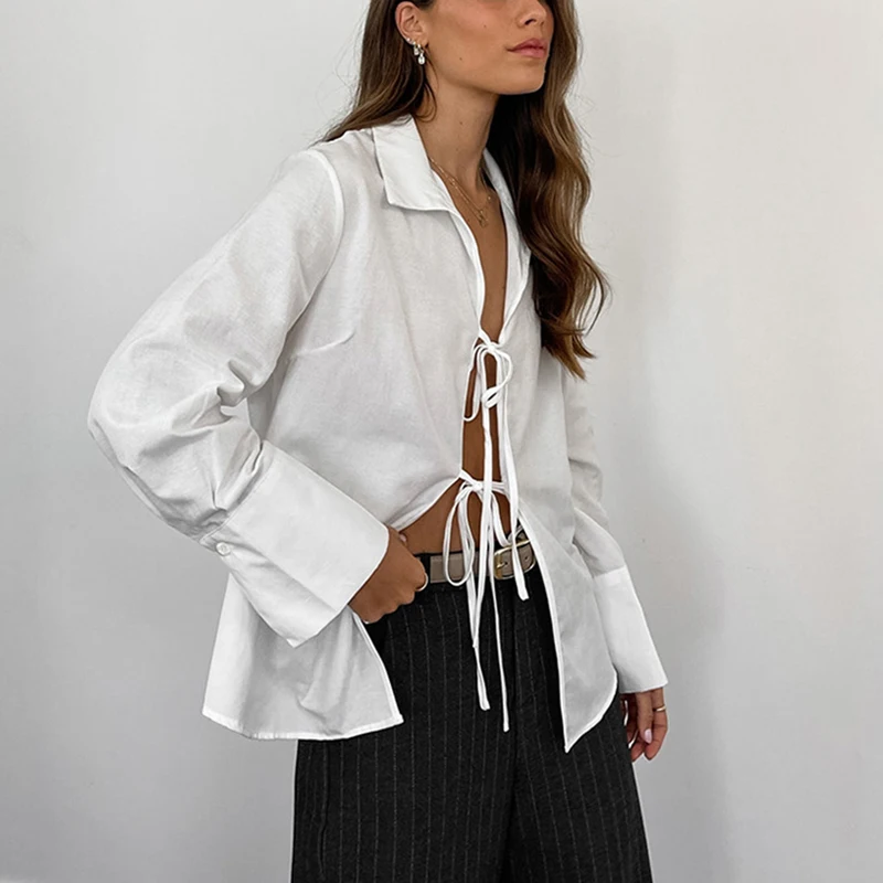 TARUXY Hollow Out Lace Up White Cotton Linen Shirt Women's Long Sleeve Loose Casual Sexy Lapel Cardigan Top Female Summer new