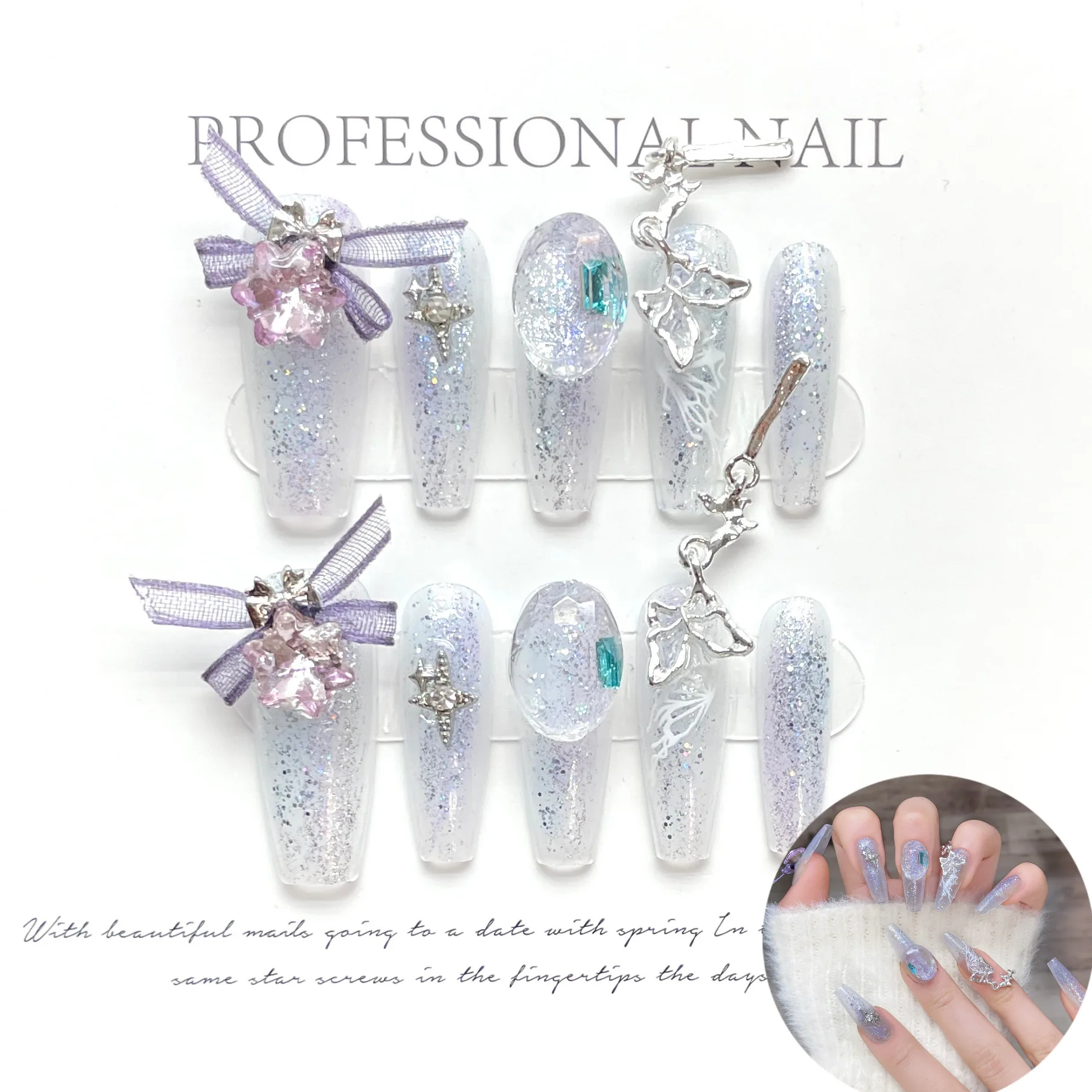 Dreamy Handmade Nails Press on Full Cover Manicuree Shiny Crystal False Nails Wearable Artificial With Tool Kit