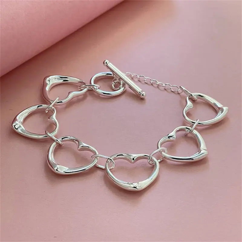 

925 Sterling Silver Six Heart Chain Bracelet For Woman Charm Wedding Engagement Fashion Party Jewelry Gifts