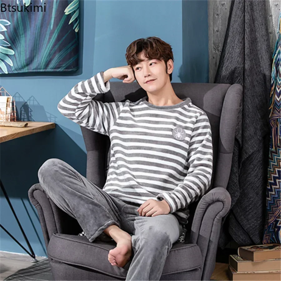 New 2024 Autumn Winter Long Sleeve Thick Warm Flannel Pajama Sets for Men Coral Velvet Soft Sleepwear Suit Pyjamas Homewear Male