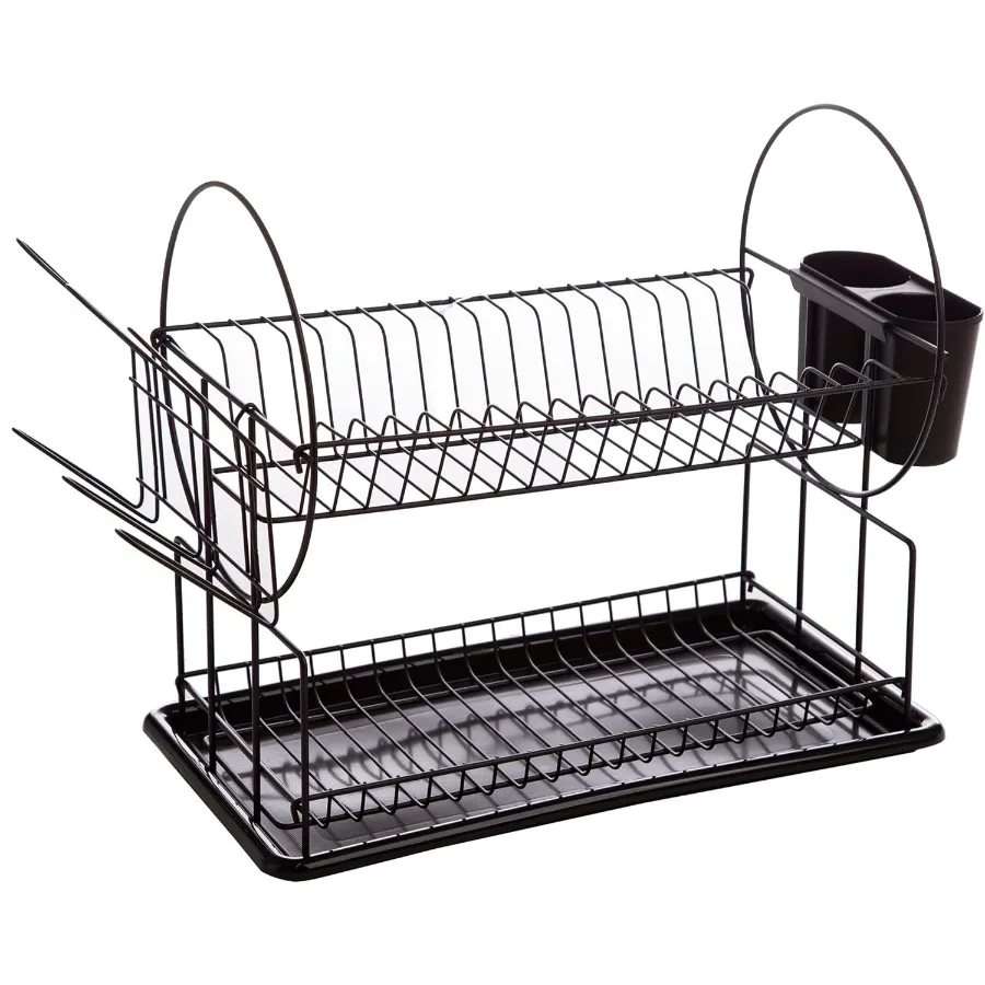 

2Tier Dish Rack with Tray Matte Black Drying Rack with Drainboard Dish Holders for Cups Wine Glasses Plates Utensils Cutlery St