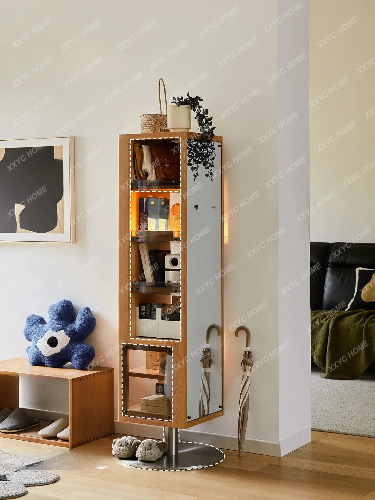 

FullBody Rotating Dressing Mirror Vintage Storage Shelf ，Bookcase Rotating Bookshelf Full-Length Mirror Cabinet。