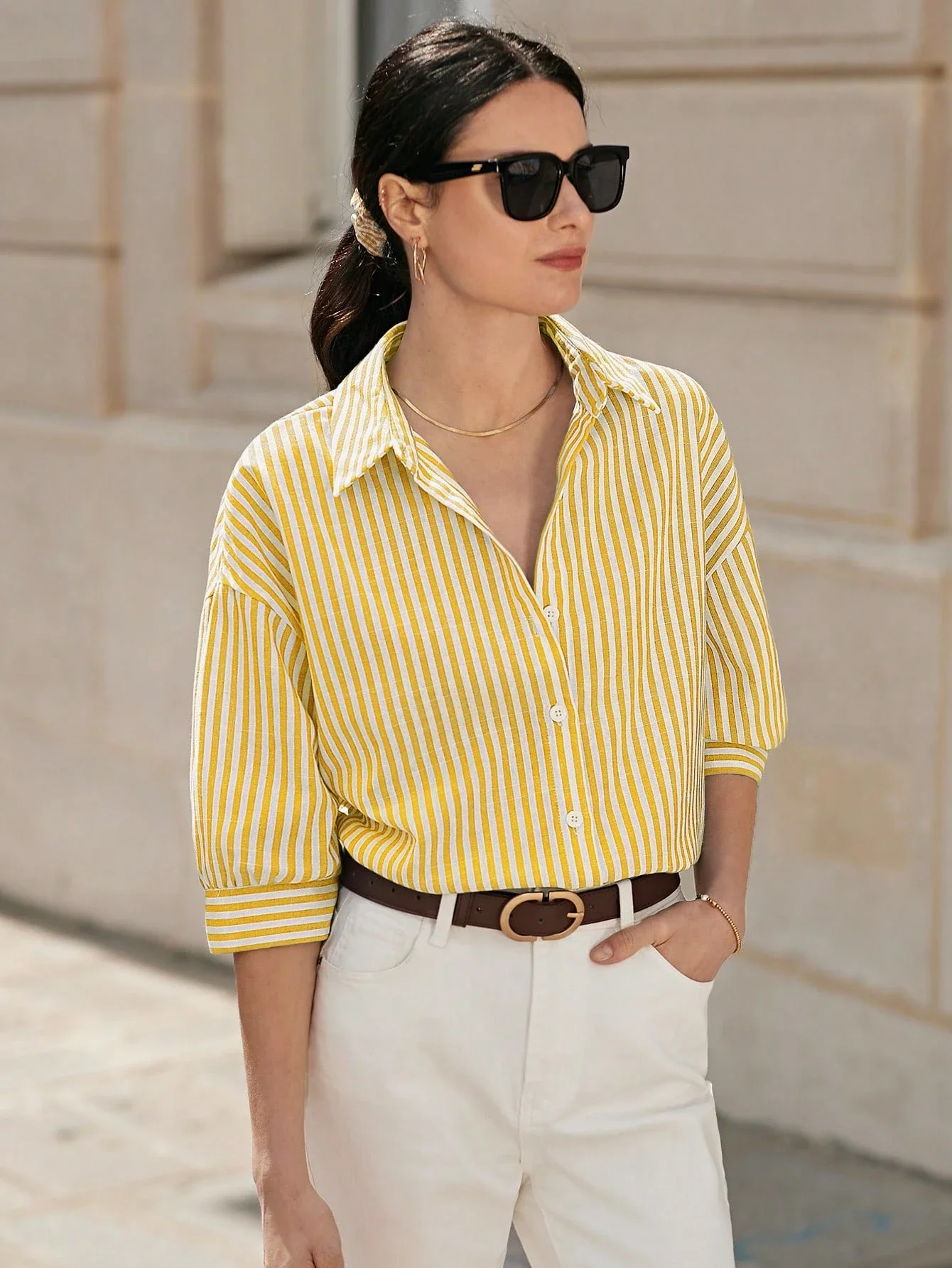 

Yellow And White Striped Button Up Shirt Women Casual Loose Fit Summer Top