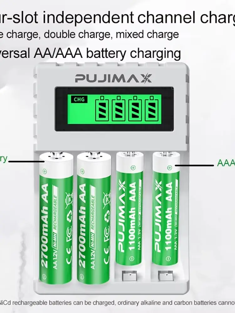 Ładowarka do akumulatorów PUJIMAX AA/AAA z wyświetlaczem LCD, przenośna ładowarka z kablem typu C do akumulatorów Ni-MH 1,2 V AA/AAA — zdjęcie produktu 7