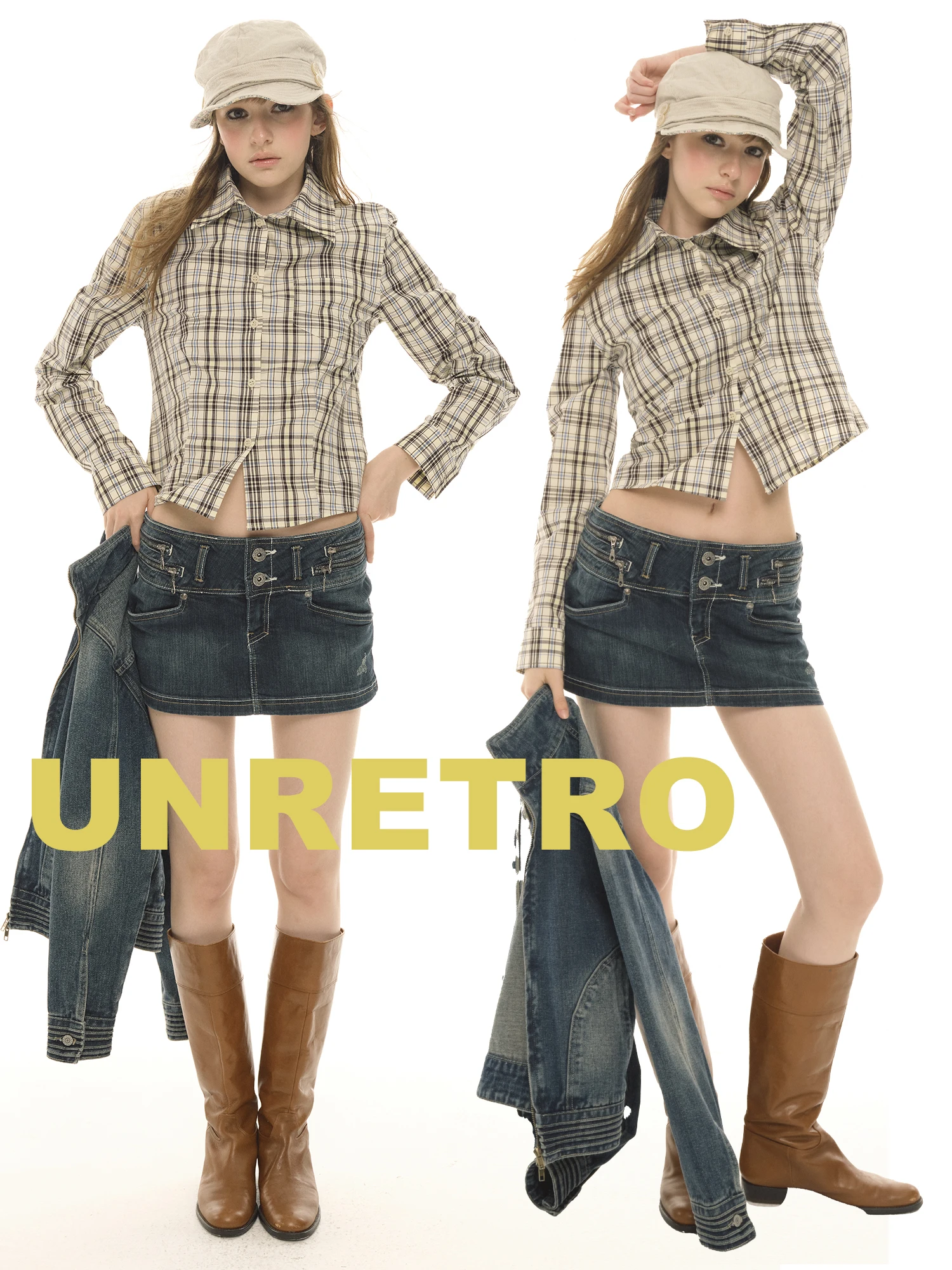 

UNRETRO Vintage Slim Fit Plaid Long Sve irt Women ort Sle Spicy Girl Faion Pure Cotton Busin Casual irt