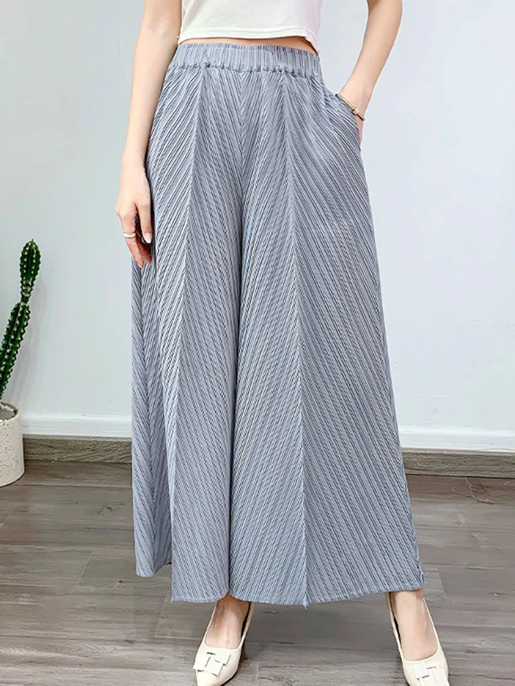 LANMREM Pleated Pants For Women Casual High Elastic Waist Straight Wide Leg Trousers Female Clothing 2024 Autumn New 2YA1628