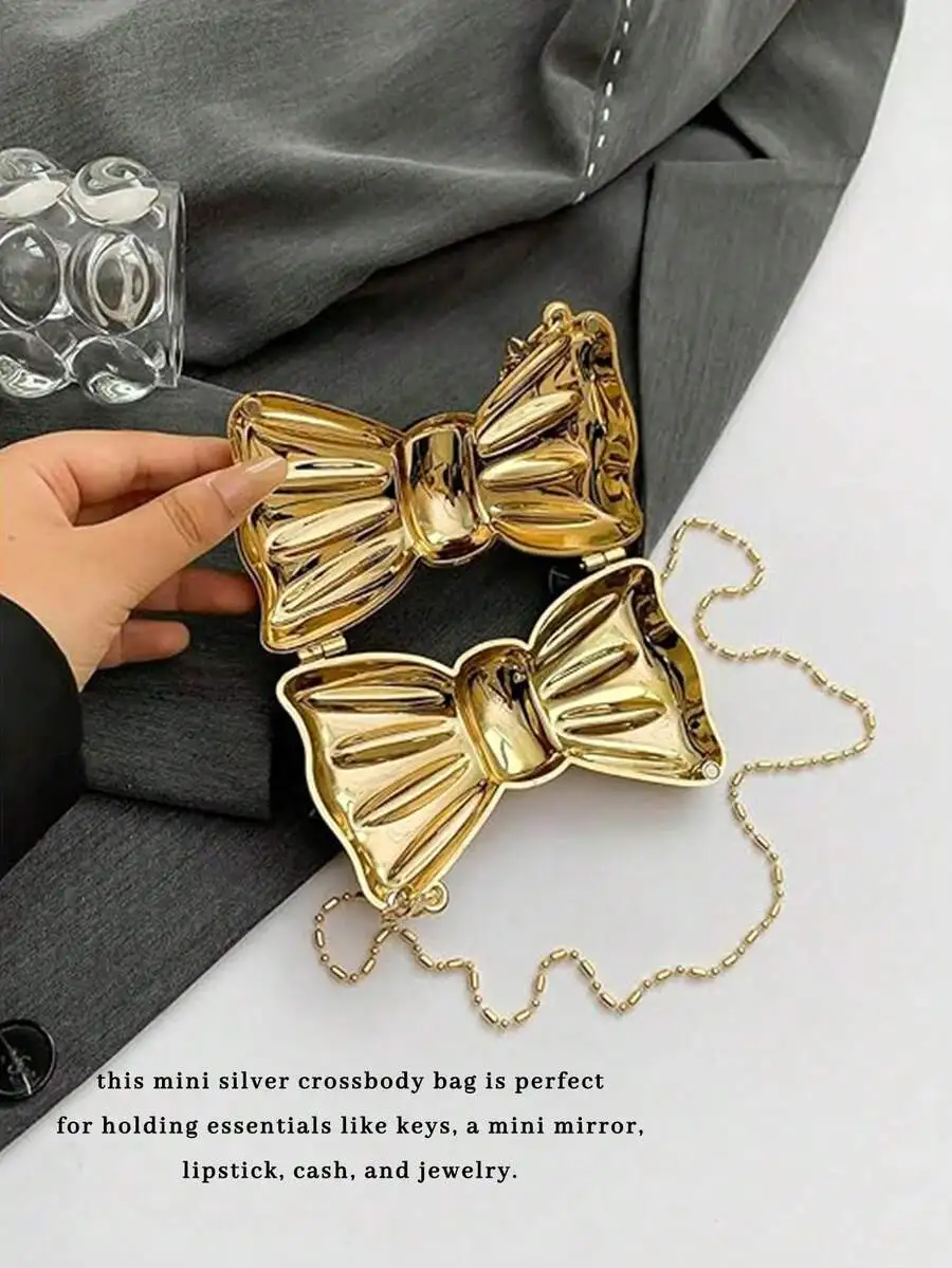 

Golden Bowknot Mini Metal Crossbody Bag With Chain Strap For Evening Party And Formal Occasions