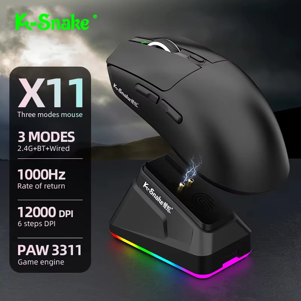 K-Snake Gaming Mouse Tri-mode Wired/2.4GHz/BT Bluetooth Wireless E-sports Mouse For Laptop Desktop Office with Magnetic Charging