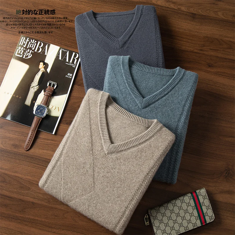 

Autumn Winter 100%Pure Cashmere Sweater Men V-Neck Knit Pullover High-End Plus-Size Tops Youth Business Casual Warm Shirt