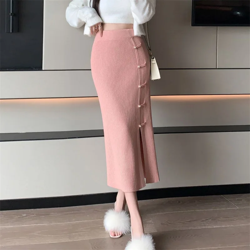Style chinois tricoté jupes longues pull mince a-ligne hanche taille haute côté fente boutons décontracté bureau dame Streetwear jupes