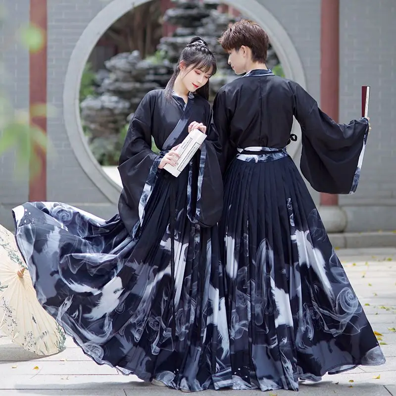 Matching Couple Clothes Set Men And Women Unisex Costume Flower Printed Big Sleeve Tops Skirt Traditional Hanfu Cosplay Party