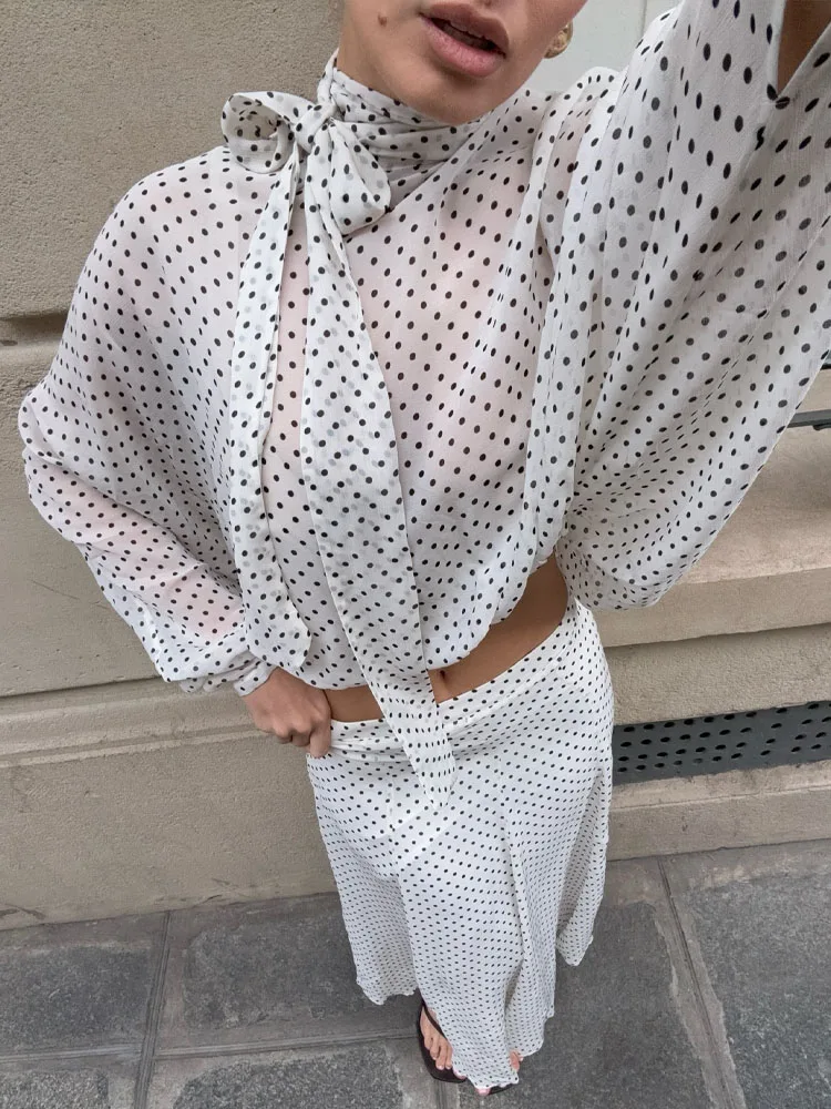 

HH Woman Summer Fashion Long Sleeves Bow Decoration Shirt+ Polka Dots Pleated Decoration Long Skirt Female Casual Two Piece Set
