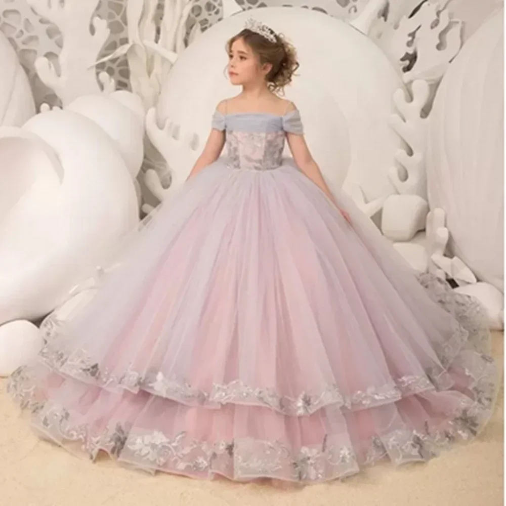 Vestidos Elegantes de flores sin hombros para niña, vestido esponjoso con volantes y apliques para boda, vestido de desfile para niño pequeño, Bola de cumpleaños para niños