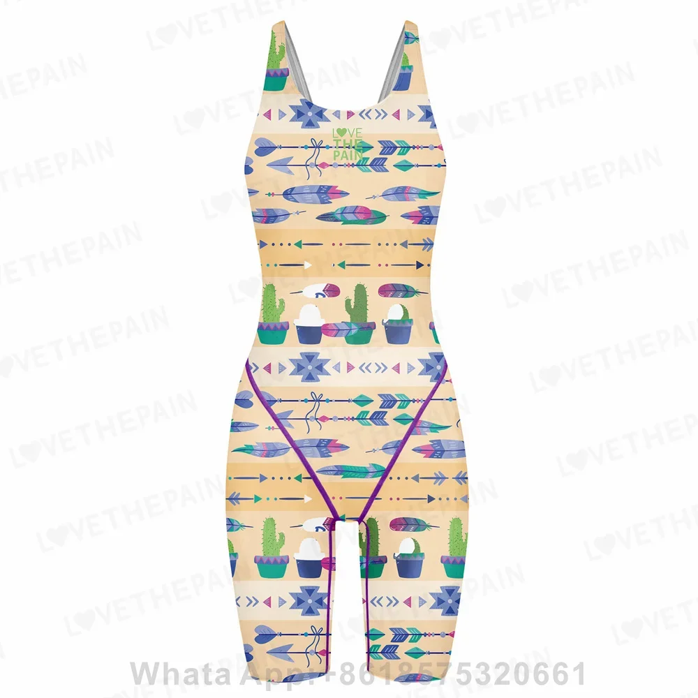 

Love The Pain Women Racer Back Bodysuit Knee Length Swimsuit Professional Sports Training Swimwear Backless Athletic Swimsuit