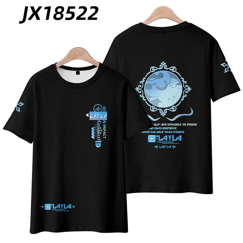 T-Shirt à Manches Courtes pour Homme et Femme, Estival et Amusant, avec Impression 3D du Jeu Genshin Impact Layla, Streetwear, Cosplay