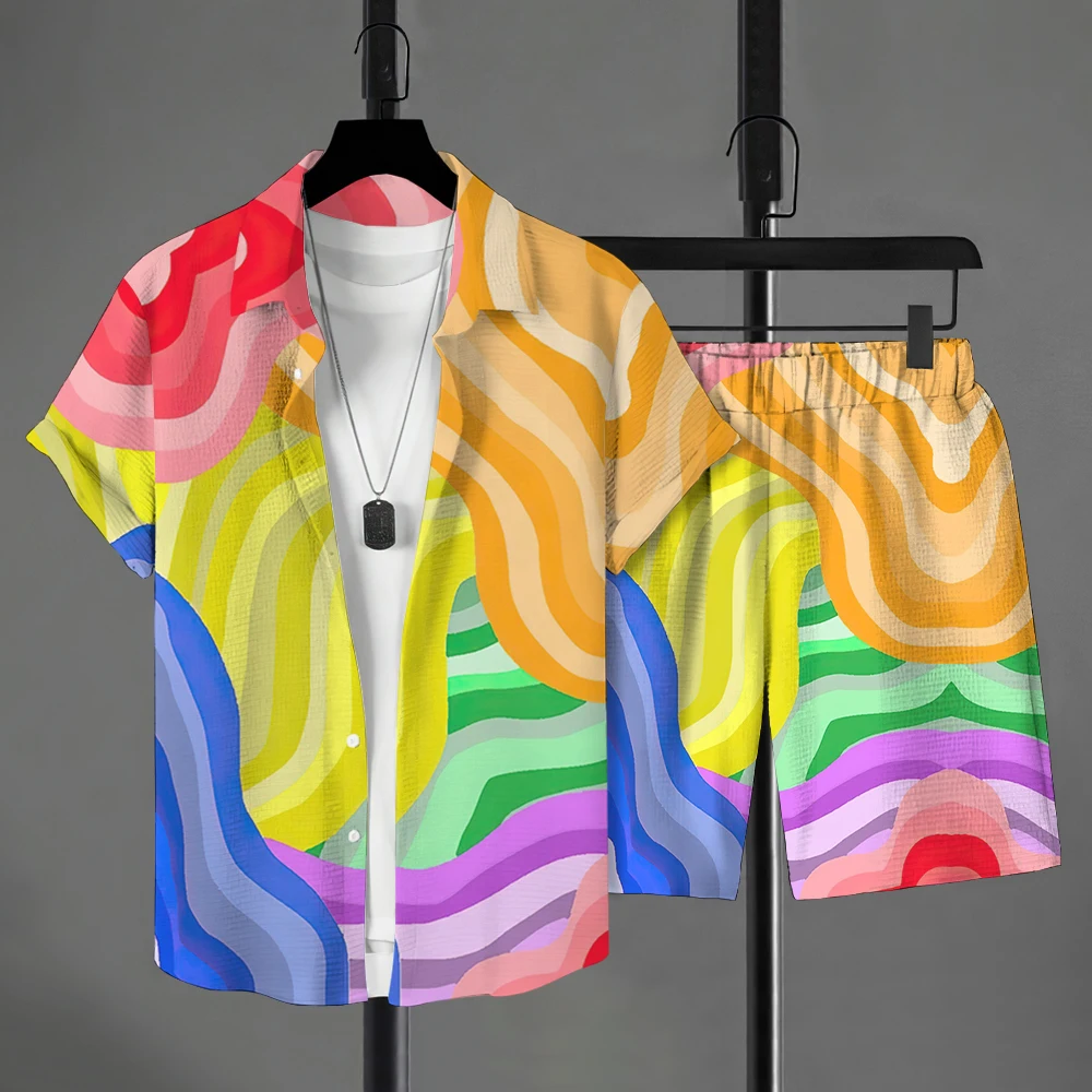 

Rainbow Fashion Men's Hawaiian Shirt Set Summer Short-sleeved Shirt And Beach Shorts Men's Suit Street Casual Y2k Men's Shorts