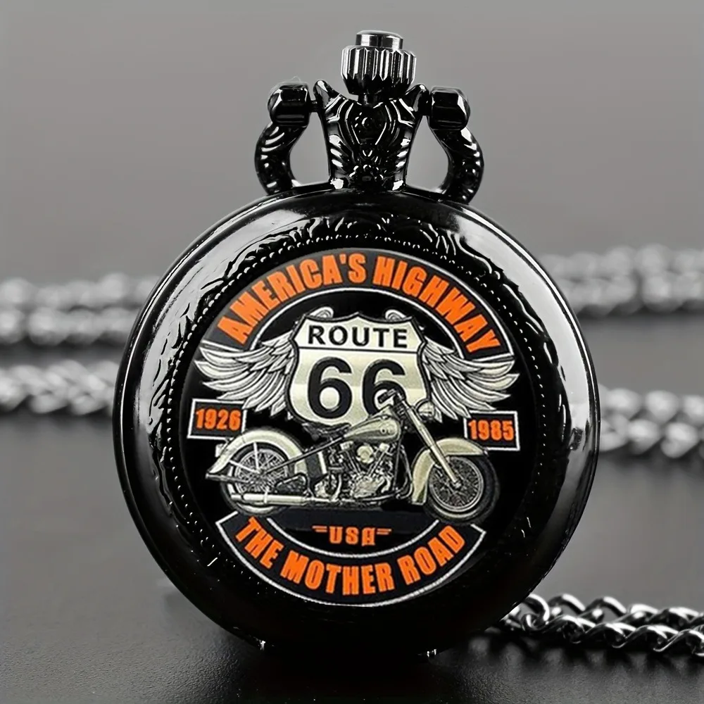 Zegarek kieszonkowy The Mother Road Route 66 Cool Black Motorbike Clock Elegancki wykwintny wisiorek z naszyjnikiem Łańcuch Relogio Najlepszy prezent