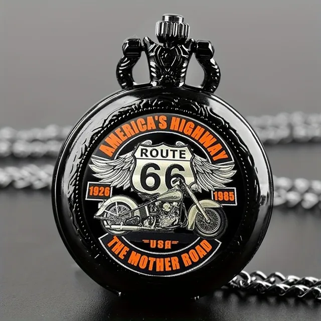 Zegarek kieszonkowy The Mother Road Route 66 Cool Black Motorbike Clock Elegancki wykwintny wisiorek z naszyjnikiem Łańcuch Relogio Najlepszy prezent