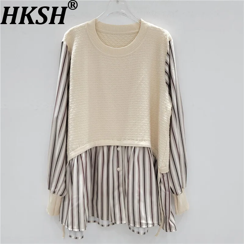 

HKSH Autumn Women Slimming Color Blocked Striped Long Sleeve Fashion Fake Two-Piece Shirt Streetwear Trend Casual Shirts HK10039