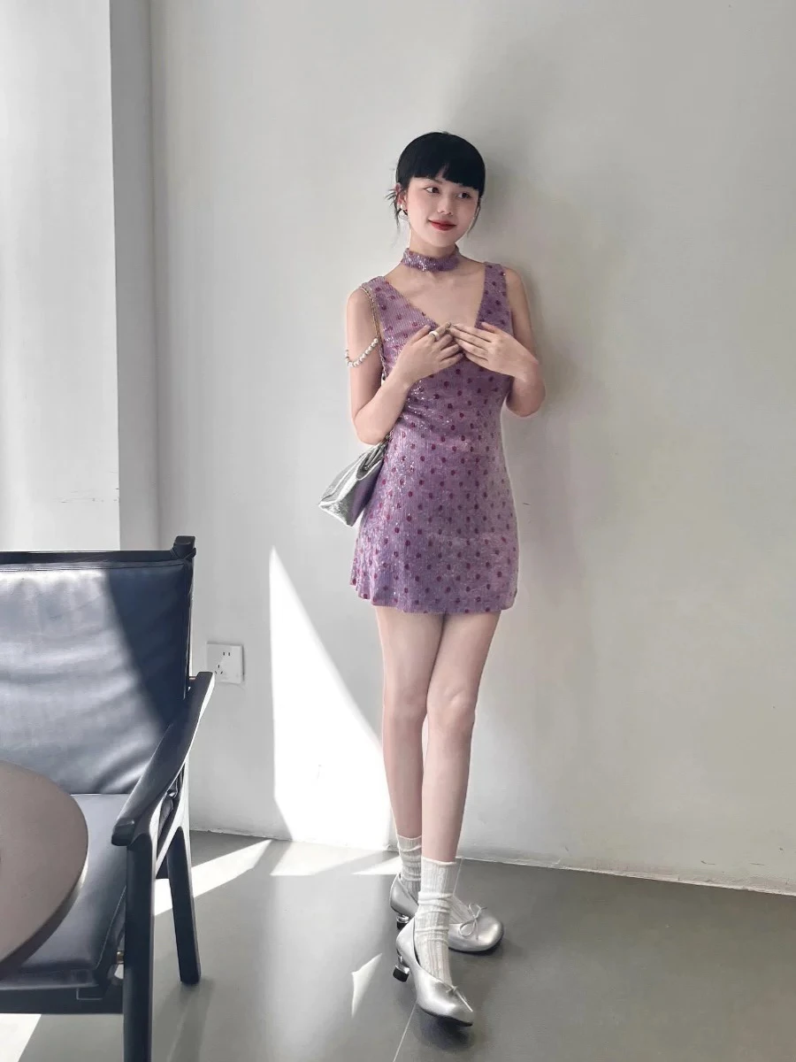 

Retro Purple Vest Dr Women's Summer New Waist Cinching Slim V-ne Sexy A-line Holiday ort Skirt Trendy Zipper Closure