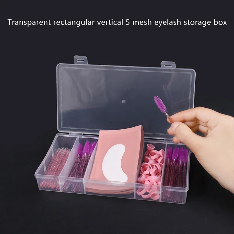 Rettangolare trasparente con coperchio Organizzatore verticale per strumenti per estensione ciglia a 5 griglie - Scatola portaoggetti per trucco con supporto per pinzette per colla