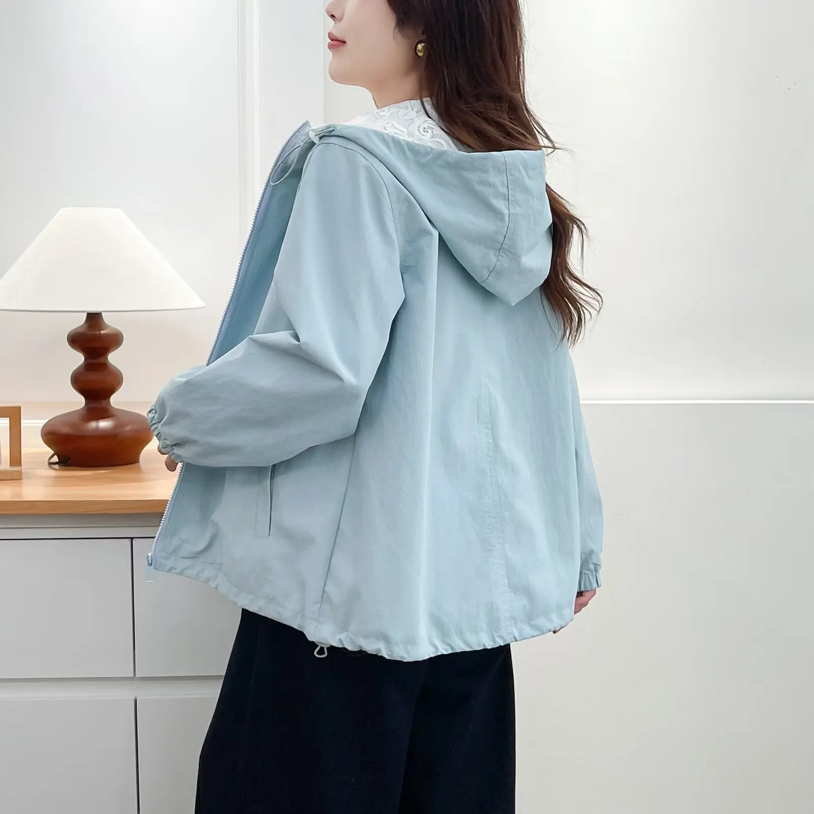 XXXXL Mode Plus Größe Damen Jacke Neue Herbst Spitze Patchwork Mit Kapuze Casual Mäntel 932