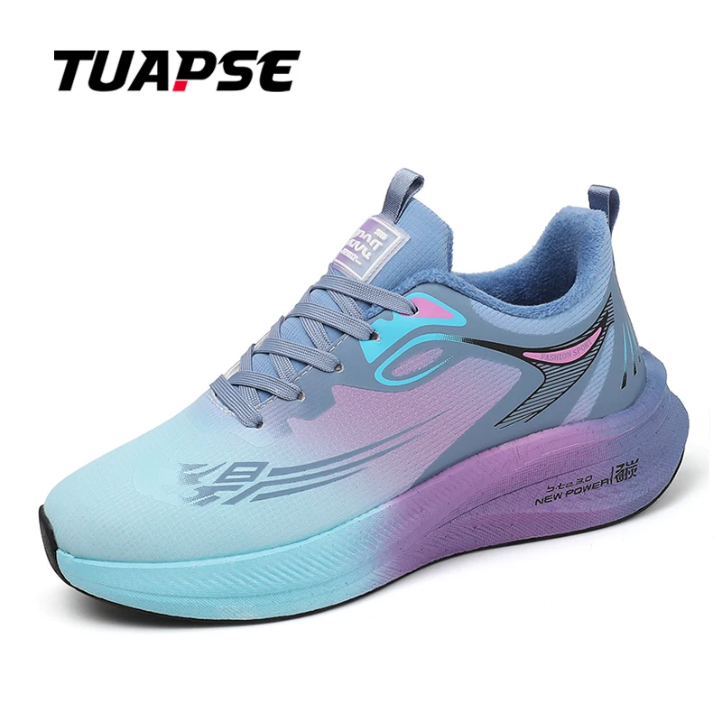 TUAPSE Autumn Winter Men Sports Shoes Carbon Plate Microfiber Leather Wool Warm Plush Waterproof Non-Slip Couple Running Shoes