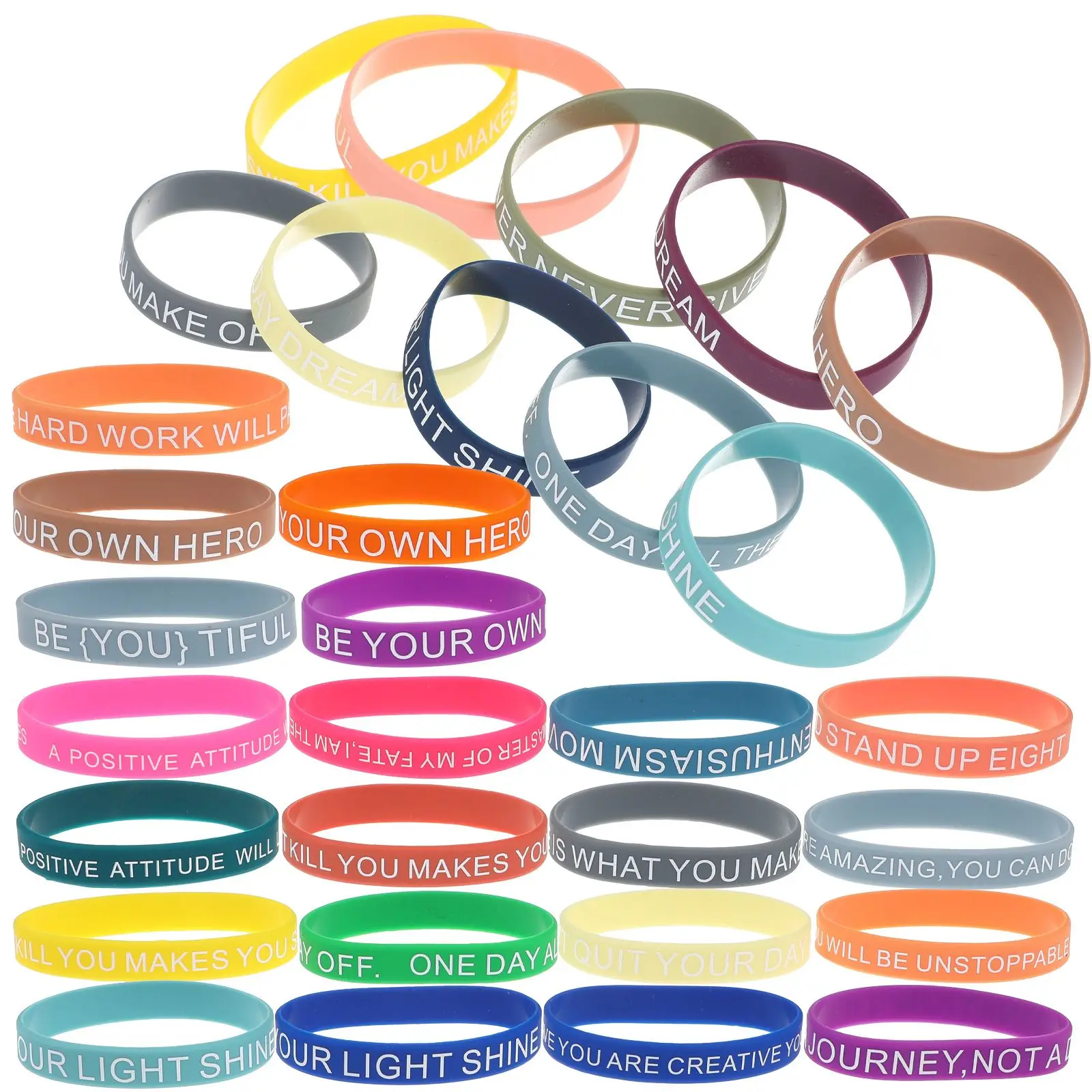 

60pcs Motivational Silicone Bracelets Colored Elastic Wristbands Unisex Quote Teen Men Women Inspirational Bands Adjustable