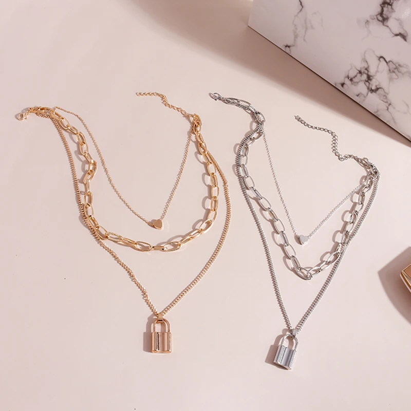 Aihua Vintage Boho Gold Farbe Mehrschichtige Kette Winzige Herz Schloss Anhänger Halsketten für Frauen Halskette Party Schmuck Geschenke – Detail 4