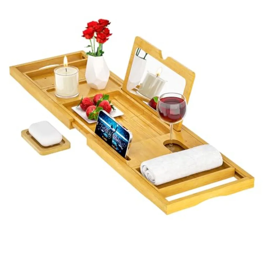 

Раздвижной бамбуковый поднос-органайзер для ванной с зеркалом для макияжа – Премиальный подарок для дома для пар, на новоселье, годовщину, свадьбу