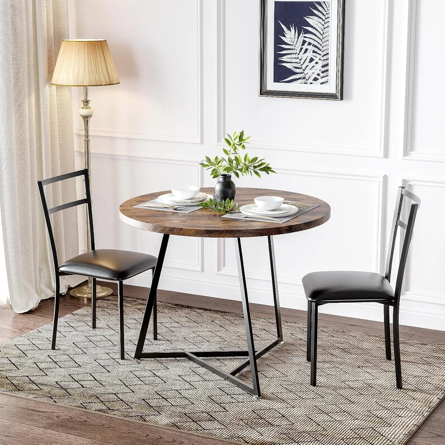 Round Dining Table Set for 2,  Dining Table with 2 Upholstered Chairs, , 3 Pcs Kitchen Table Set for Small Space, Apartment