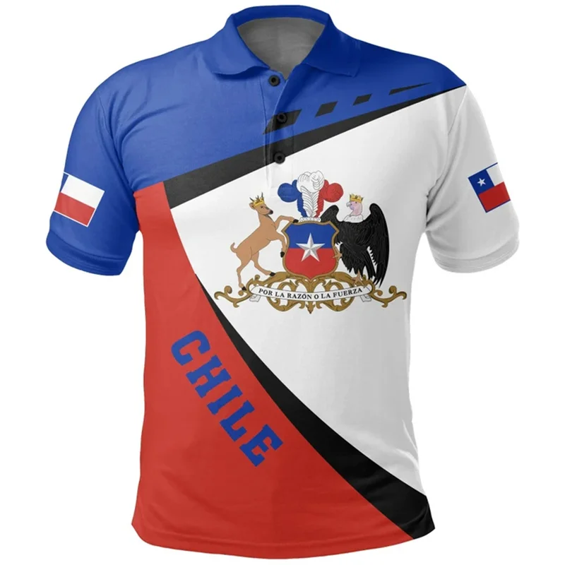 Chile Flag Polo Shirt Men\'s Summer 3d Print Tee Shirts Casual Loose Short Sleeve Tops Sports Lapel Oversized Lapel Tshirts