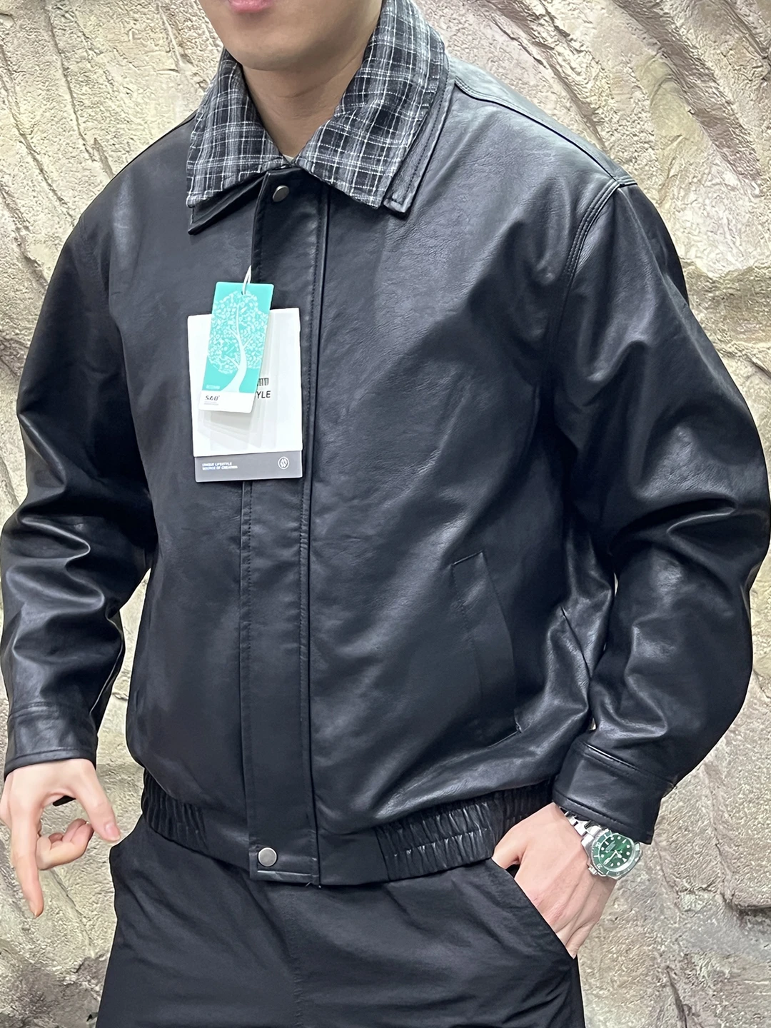 

Thiened Faux Leather Jaet Men's Faion Motorcycle Sle Collar Flip Winter Coat Stand Fit Long Sve Zipper