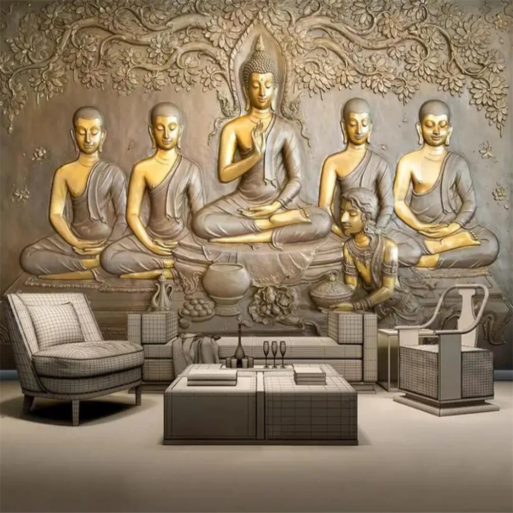 

Custom 3d wallpaper mural 3D stereo relief golden buddha background painting papel de parede wall paper waterproof wall sticker