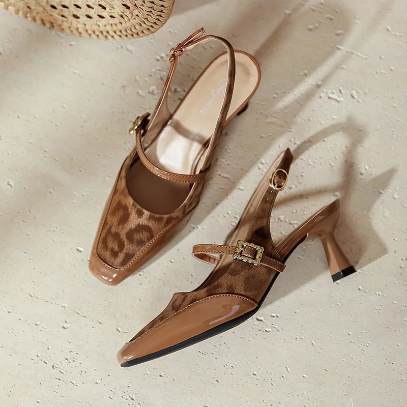 New Girl Leopard Shoes Ladies Summer Dress Shoes Leather Sexy Heel Sandals Buckle Female Footwear Lady Sandals Lady Sandals S053
