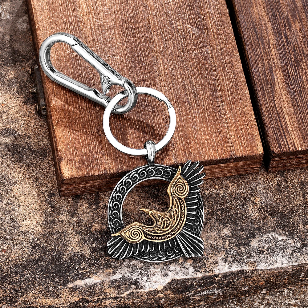 Norse Mythology Odin Eagle Crow Keychain Gold Color Viking Raven Pendant Men Antique Steel Keyring Amulet Icelandic Jewelry Gift