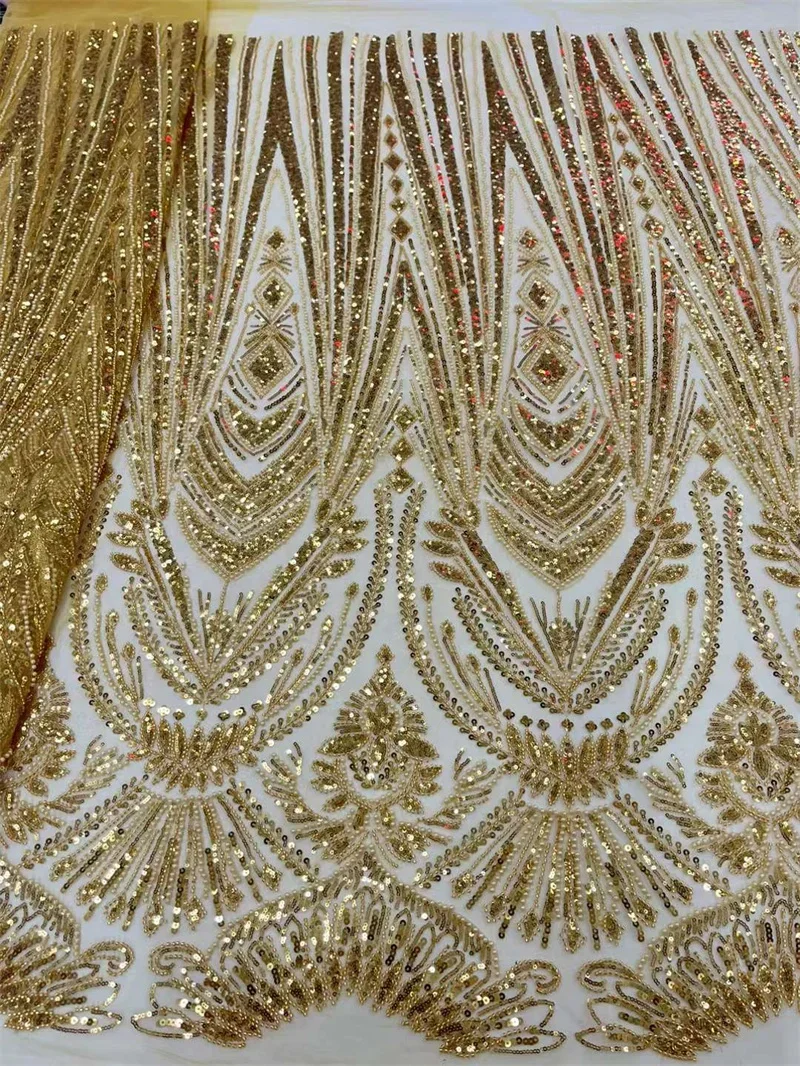 African Lace Fabric High Quality Nigerian Lace Beads Sequins French Net Fabric 5 Yards for Sewing Party Wedding Dresses XCW-530