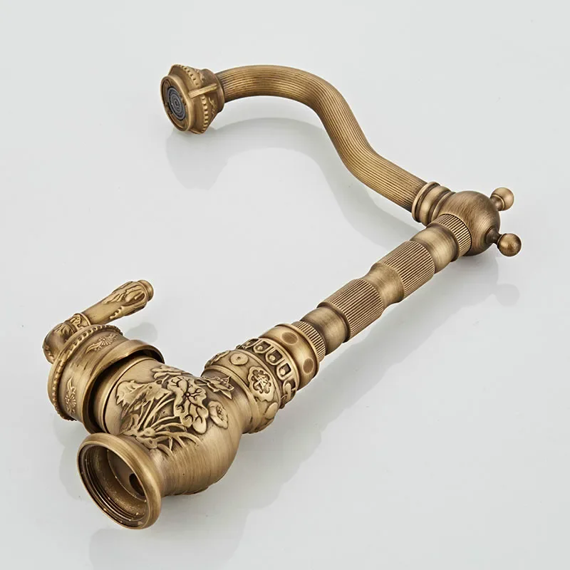 Imagem -04 - Antique Brass Single Handle Basin Faucet Torneiras Misturadoras de Água Quente e Fria Torneira de Pia Montada no Deck de Luxo