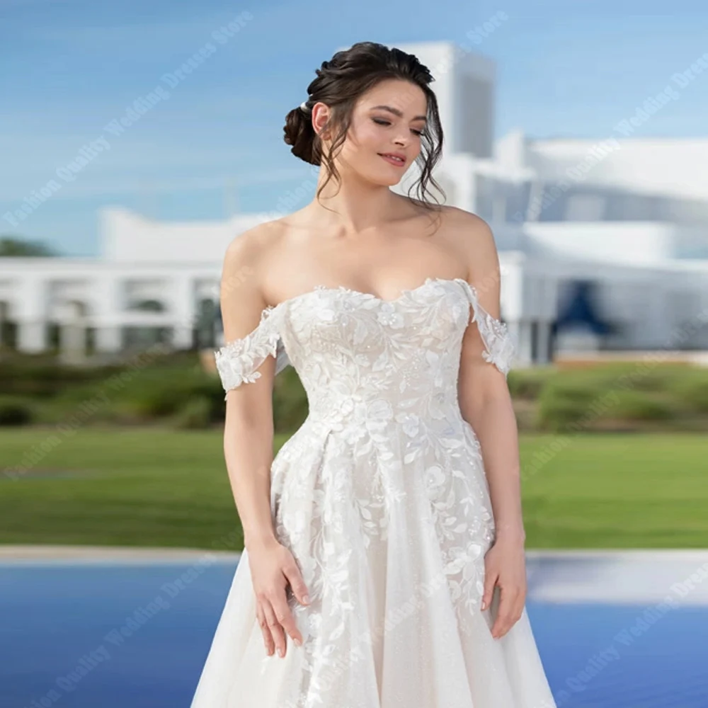 エレガントな A ラインの女性のウェディングドレスオフショルダーノースリーブ花嫁ドレスモッピング丈宴会 Vestidos De Novias カスタマイズ