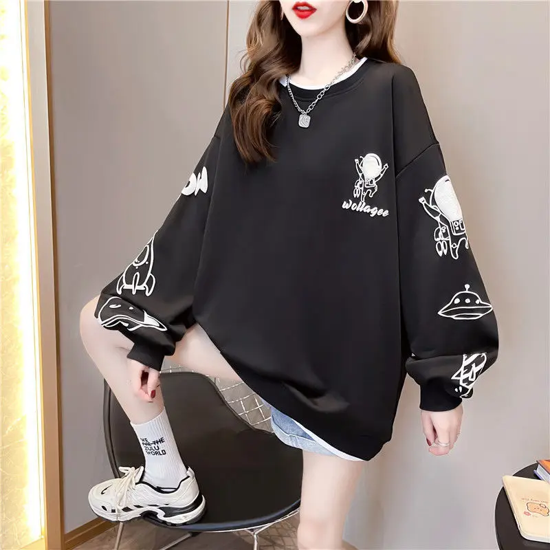 Fashion O-Neck Printed Spliced Fake Two Pieces Sweatshirts Female Clothing 2024 Spring New Loose Korean Tops Casual Sweatshirts