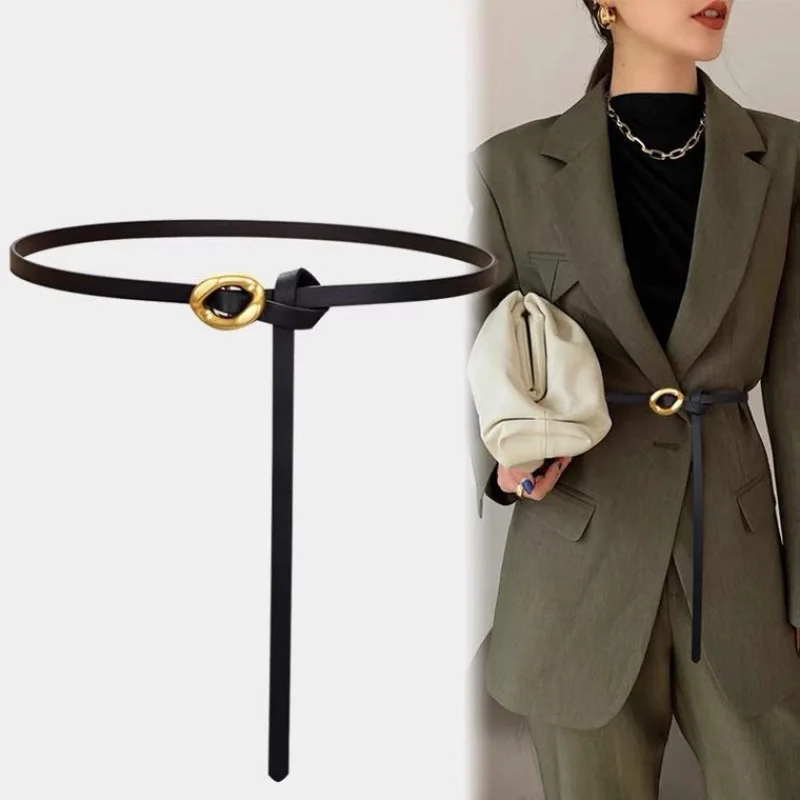 PU Leather Knotted Waist Belt Skinny Gold Buckle for Dresses Vintage PU Leather Thin Belt | Knotted Waist Chain, Gold  main image 3
