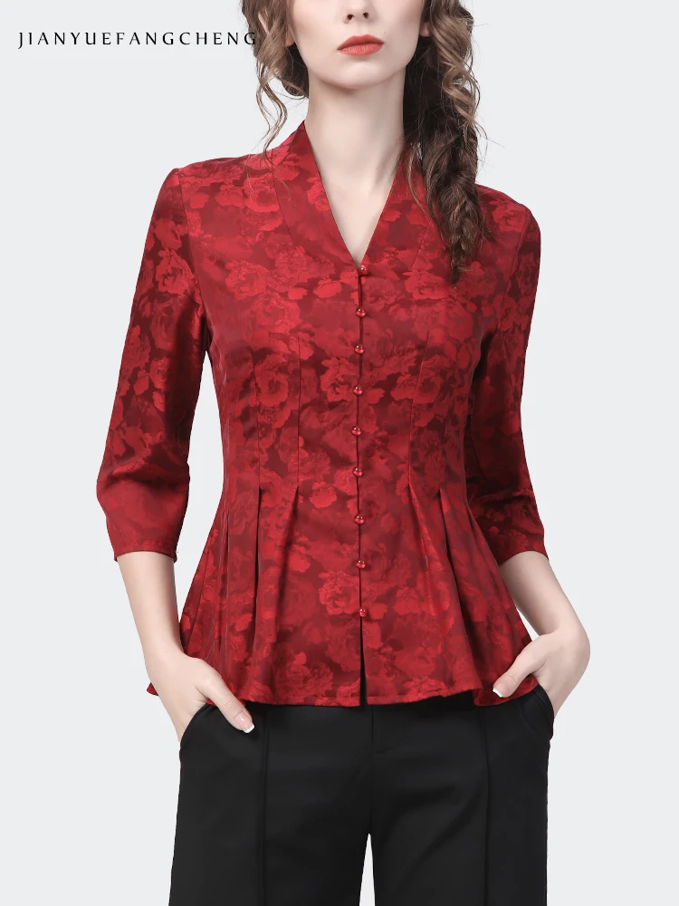 Women\' Red Jacquard Flowers Shirt Long Sleeve V-Neck Spring Summer Tops Vintage Slim Fit 2024 New Ladies Embroidered Blouses