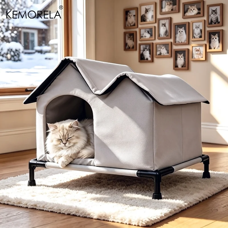 Outdoor Elevated And Insulated Cat House Insulated Feral Cat House for Winter Weatherproof Cat Bed with Cushion for Stray Cats